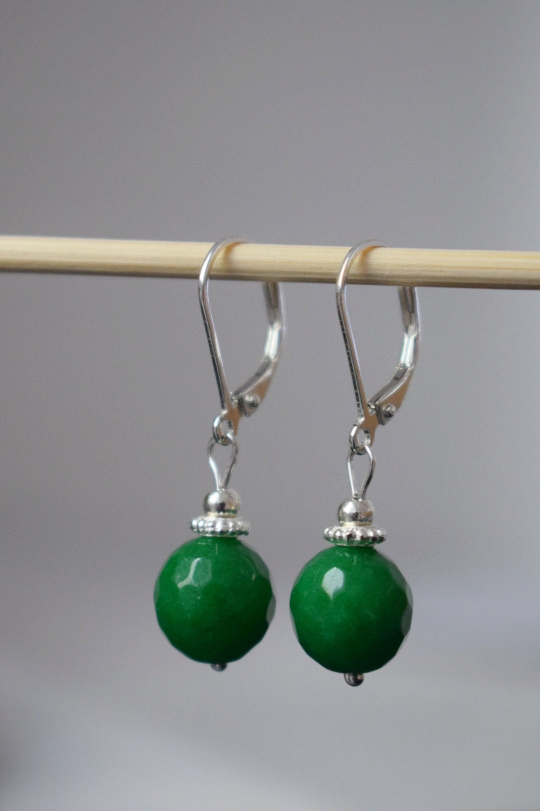 Green jade dangle huggie earrings, 925 sterling silver gemstone earrings, Green faceted stone boho earrings, Handmade jewelry gift her