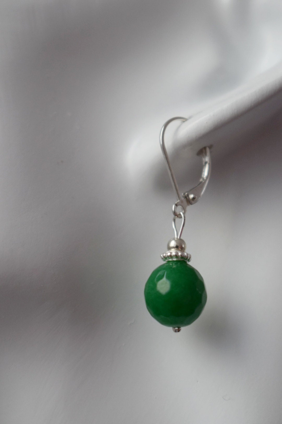 Green jade dangle huggie earrings, 925 sterling silver gemstone earrings, Green faceted stone boho earrings, Handmade jewelry gift her