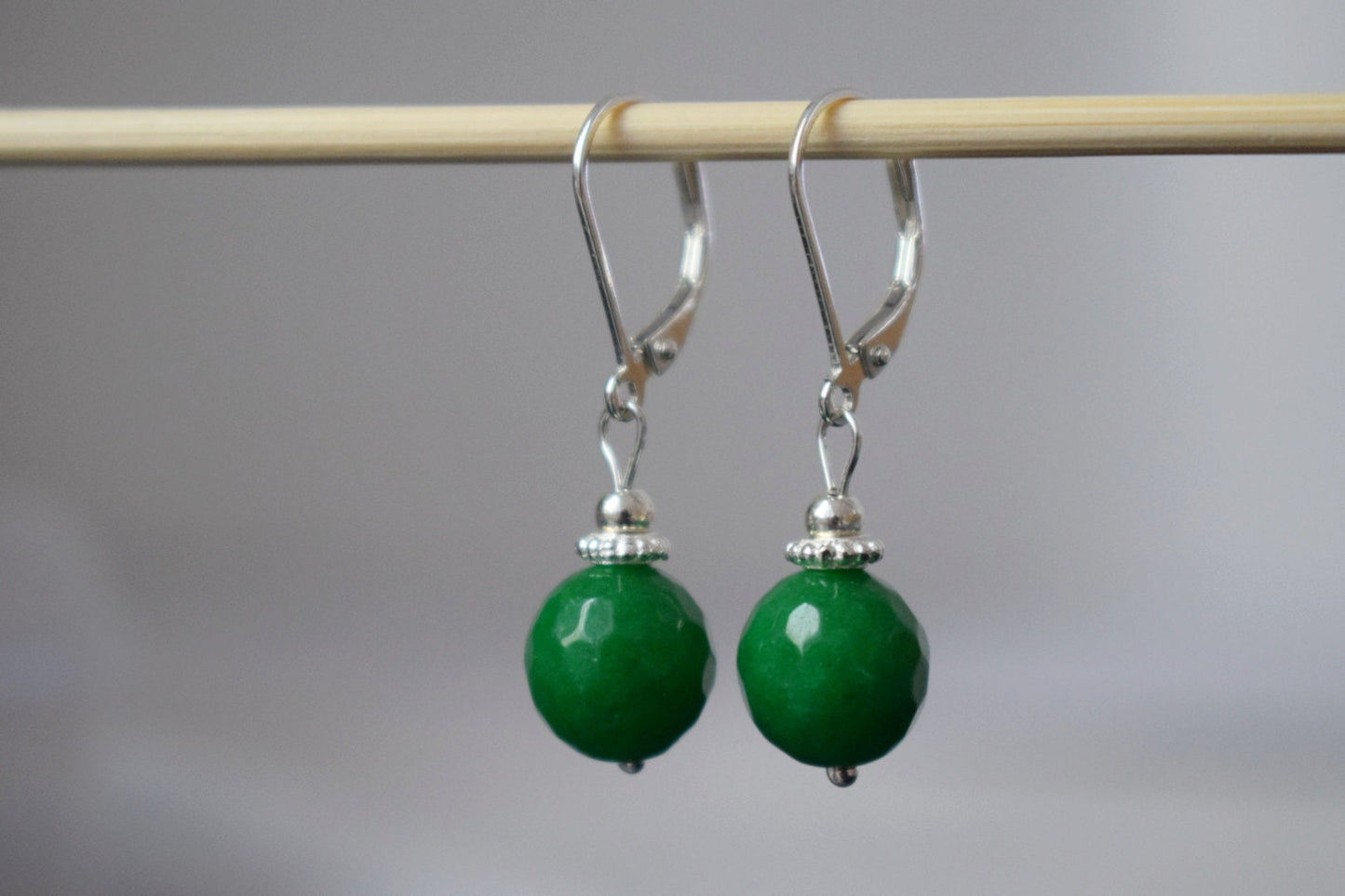 Green jade dangle huggie earrings, 925 sterling silver gemstone earrings, Green faceted stone boho earrings, Handmade jewelry gift her