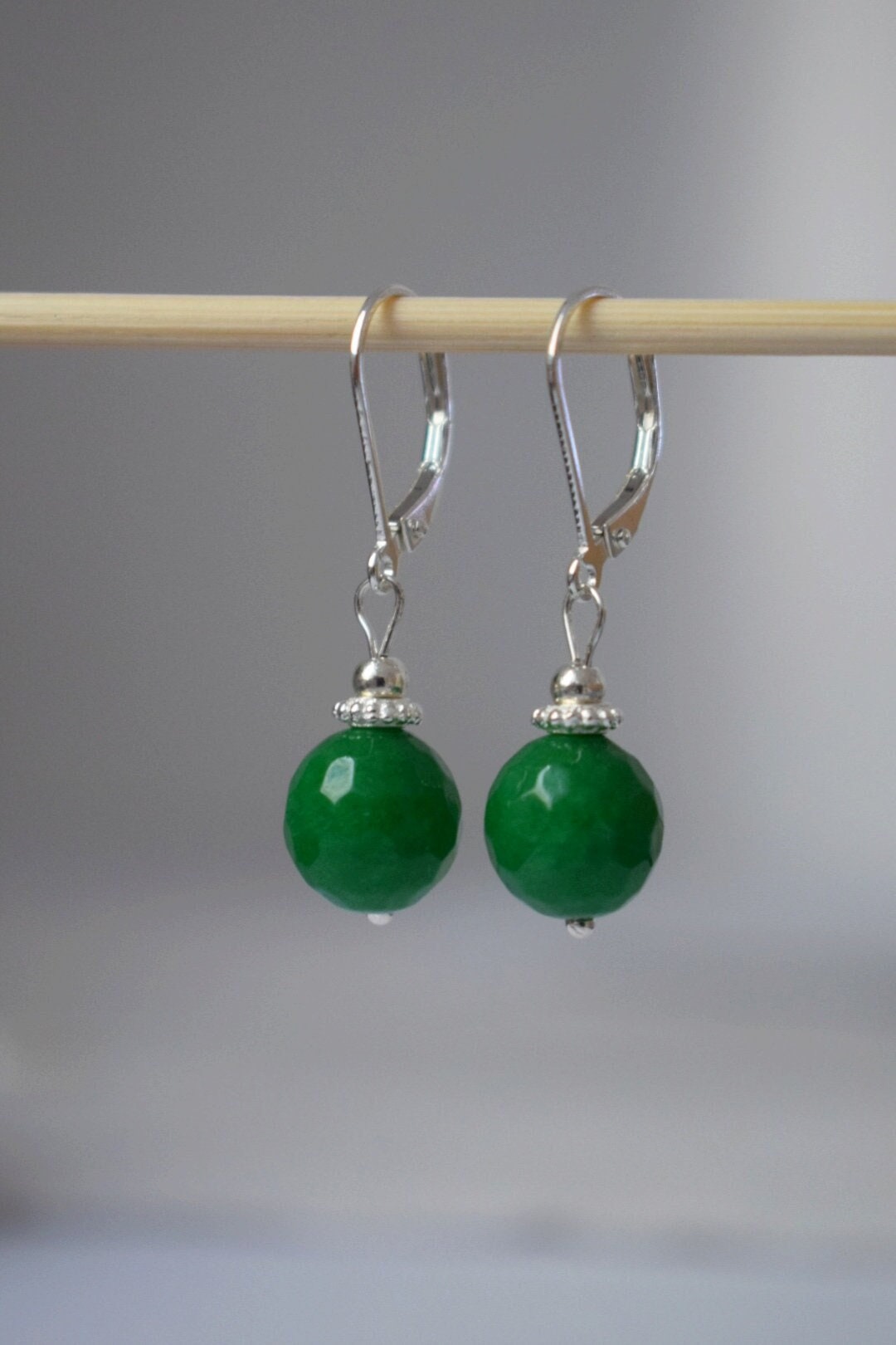 Green jade dangle huggie earrings, 925 sterling silver gemstone earrings, Green faceted stone boho earrings, Handmade jewelry gift her