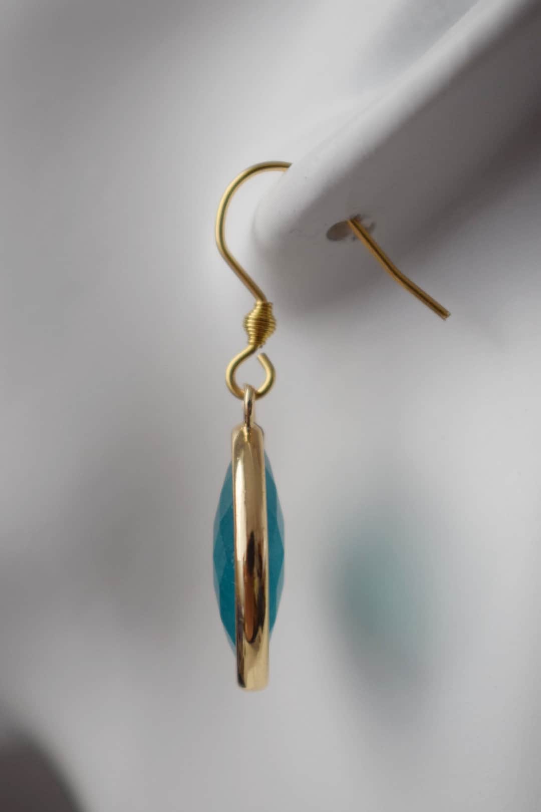 Aquamarine jade earrings, Faceted gemstone earrings, Blue gold dangle earrings, Horse eye, Stone hanging earrings, Jade gold jewelry gift