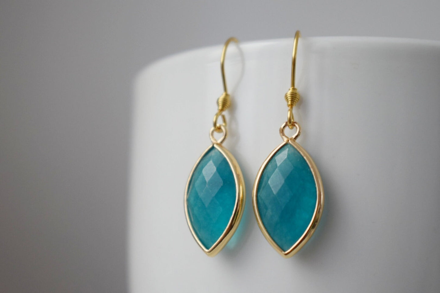 Aquamarine jade earrings, Faceted gemstone earrings, Blue gold dangle earrings, Horse eye, Stone hanging earrings, Jade gold jewelry gift