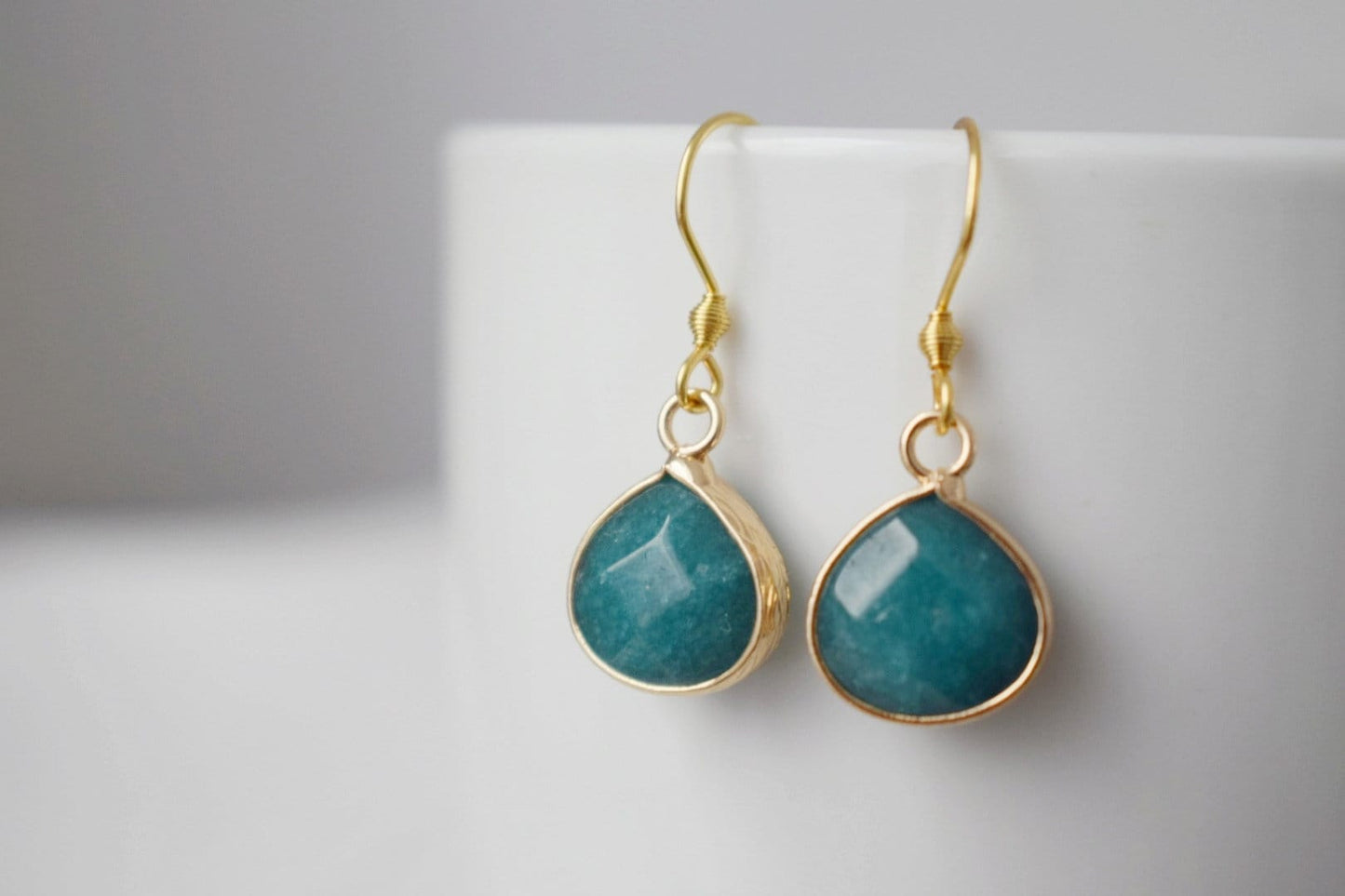 Turquoise Teal Jade Earrings, Teardrop Faceted Pendant Earrings, Gemstone Hanging Earrings Women, Jade Jewelry, Gift For Her