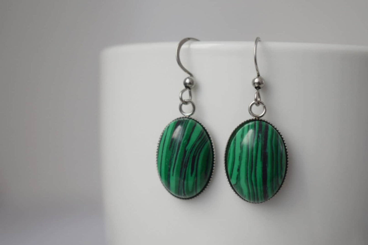 Malachite dangle earrings, Oval green gemstone pendant with stainless steel earrings hooks, Boho jewelry, Christmas gift for her