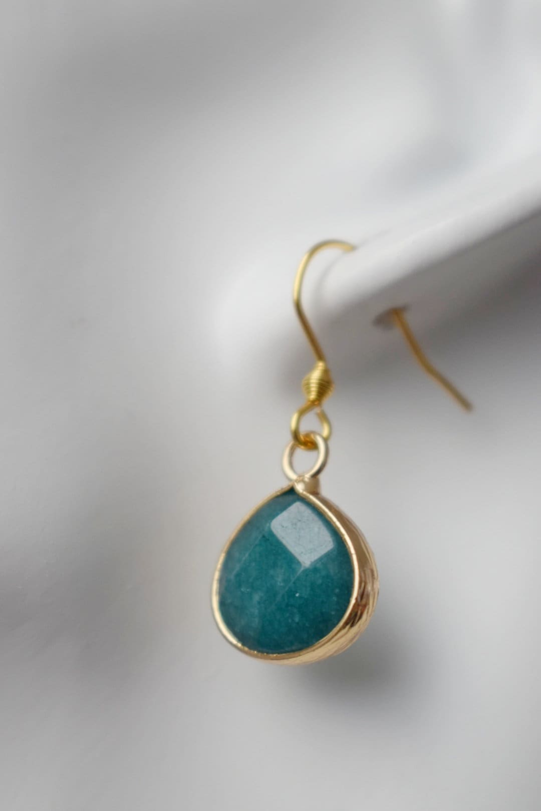 Turquoise Teal Jade Earrings, Teardrop Faceted Pendant Earrings, Gemstone Hanging Earrings Women, Jade Jewelry, Gift For Her