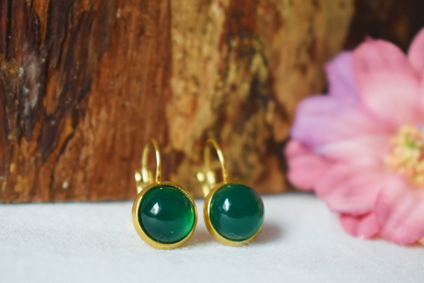 Green agate gemstone earrings, Small stone dangle earrings, 18k gold plated stainless steel lever back, Handmade jewelry, Gift for her