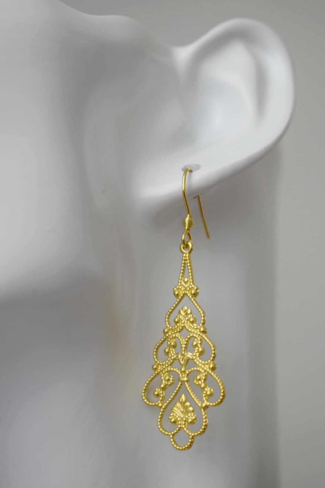 Ornament earrings gold, Long filigree & floral earrings, Vintage, Boho, Stainless steel, Teardrop earrings, Unique, Handmade jewelry gift
