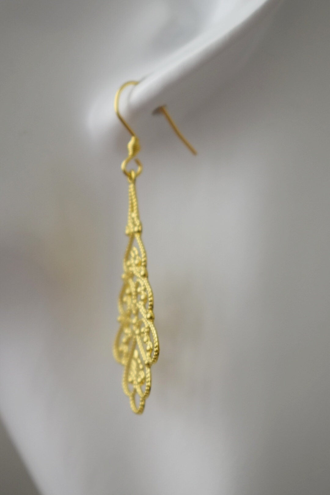 Ornament earrings gold, Long filigree & floral earrings, Vintage, Boho, Stainless steel, Teardrop earrings, Unique, Handmade jewelry gift