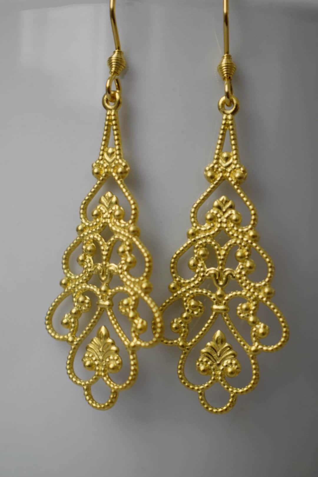 Ornament earrings gold, Long filigree & floral earrings, Vintage, Boho, Stainless steel, Teardrop earrings, Unique, Handmade jewelry gift