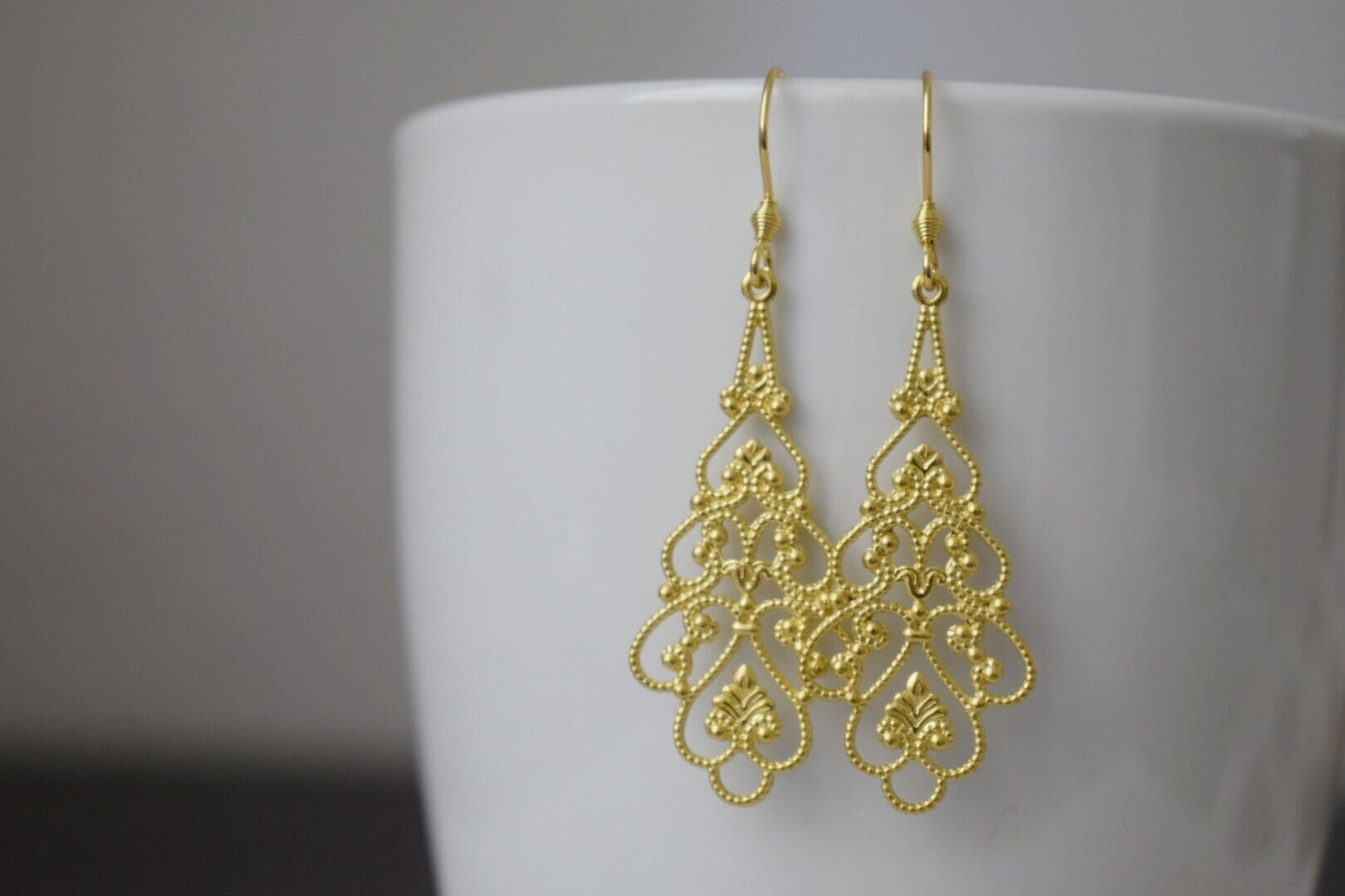 Ornament earrings gold, Long filigree & floral earrings, Vintage, Boho, Stainless steel, Teardrop earrings, Unique, Handmade jewelry gift
