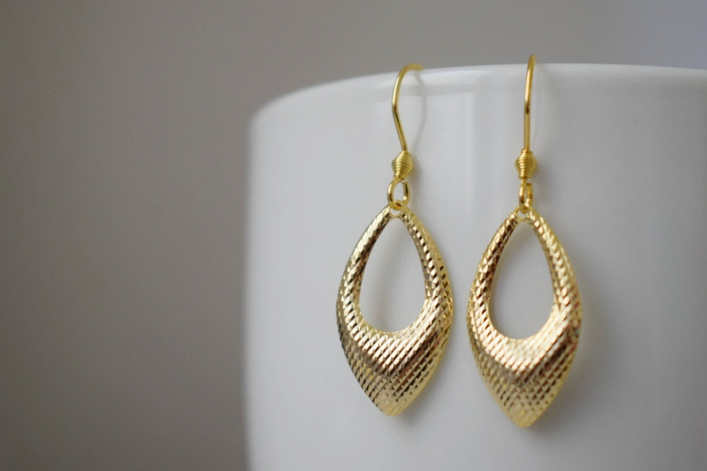 Golden pendant teardrop earrings, Hop earrings, Geometric hanging dangle and drop gold earrings, Birthday small jewelry gifts for women