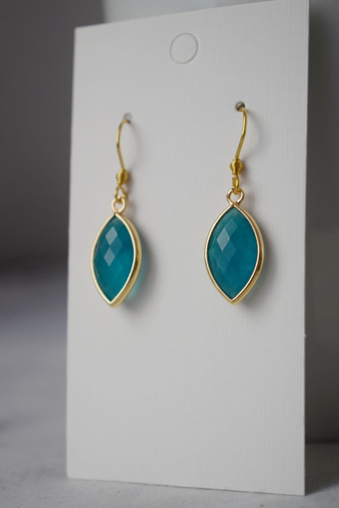 Aquamarine jade earrings, Faceted gemstone earrings, Blue gold dangle earrings, Horse eye, Stone hanging earrings, Jade gold jewelry gift