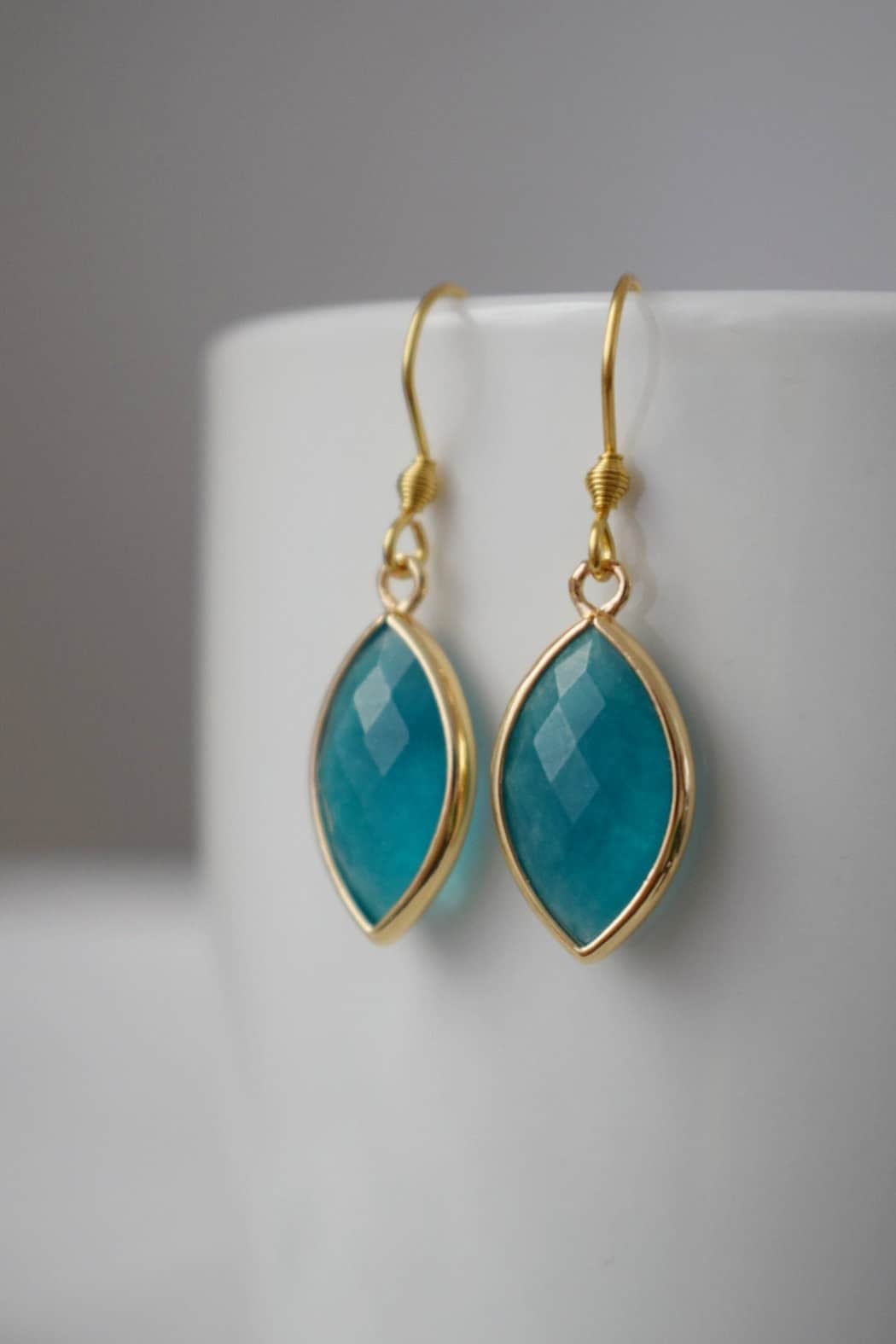 Aquamarine jade earrings, Faceted gemstone earrings, Blue gold dangle earrings, Horse eye, Stone hanging earrings, Jade gold jewelry gift