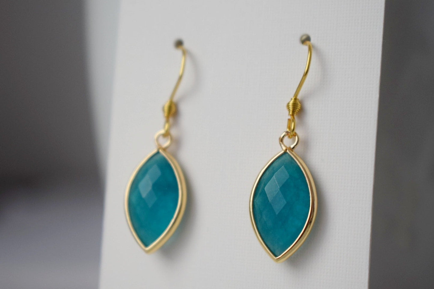 Aquamarine jade earrings, Faceted gemstone earrings, Blue gold dangle earrings, Horse eye, Stone hanging earrings, Jade gold jewelry gift