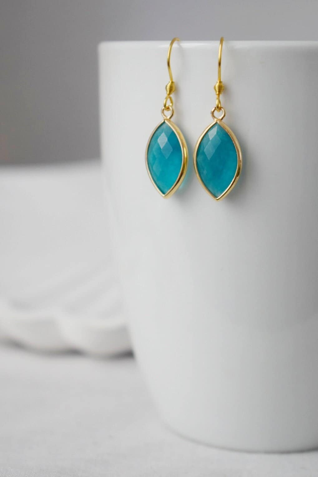 Aquamarine jade earrings, Faceted gemstone earrings, Blue gold dangle earrings, Horse eye, Stone hanging earrings, Jade gold jewelry gift