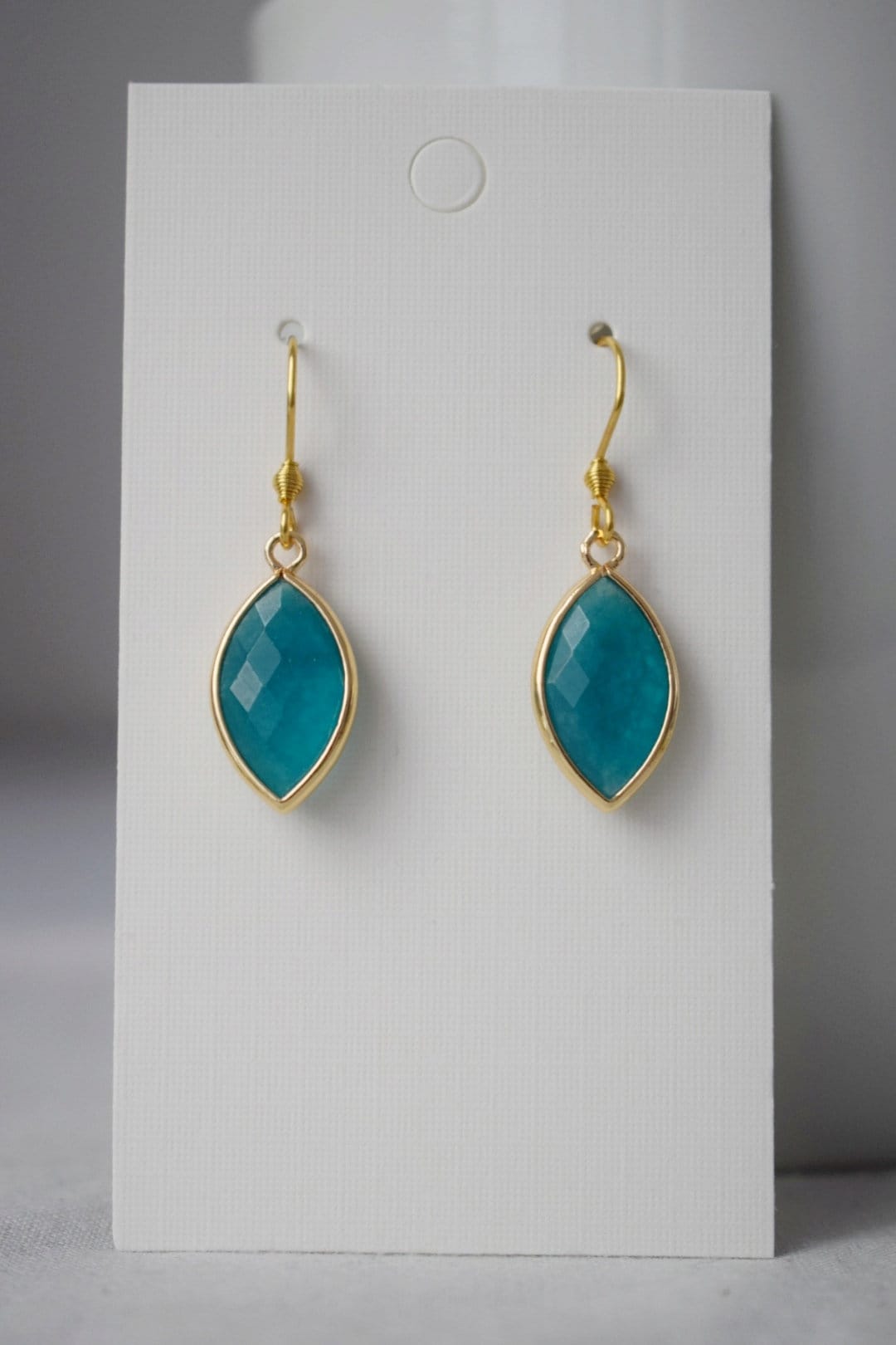 Aquamarine jade earrings, Faceted gemstone earrings, Blue gold dangle earrings, Horse eye, Stone hanging earrings, Jade gold jewelry gift