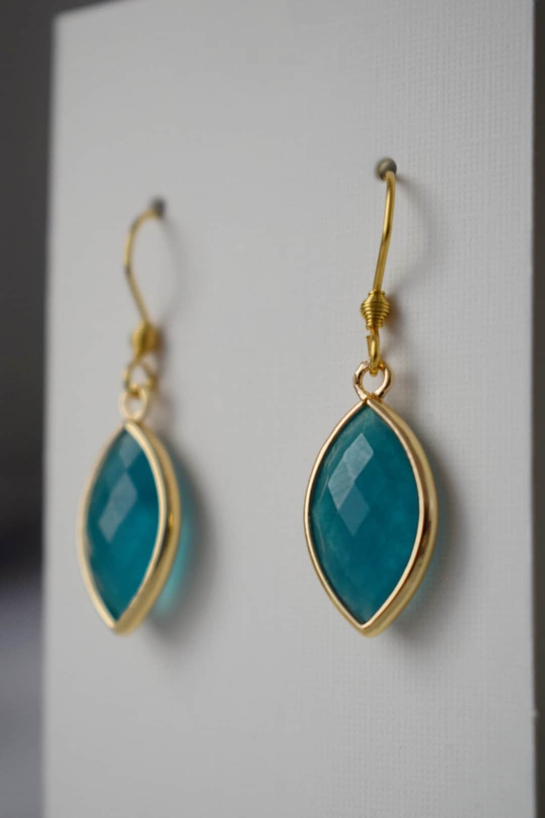 Aquamarine jade earrings, Faceted gemstone earrings, Blue gold dangle earrings, Horse eye, Stone hanging earrings, Jade gold jewelry gift