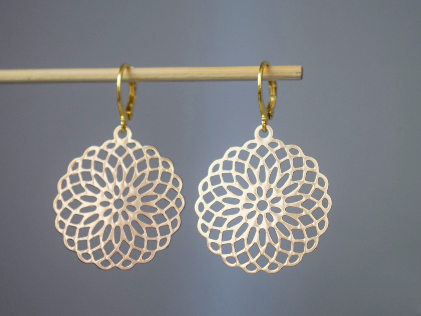 Mandala earrings, Ornament earrings for women, Stainless steel huggie earrings, Boho filigree gold earrings, Mandala jewelry, Gift for her