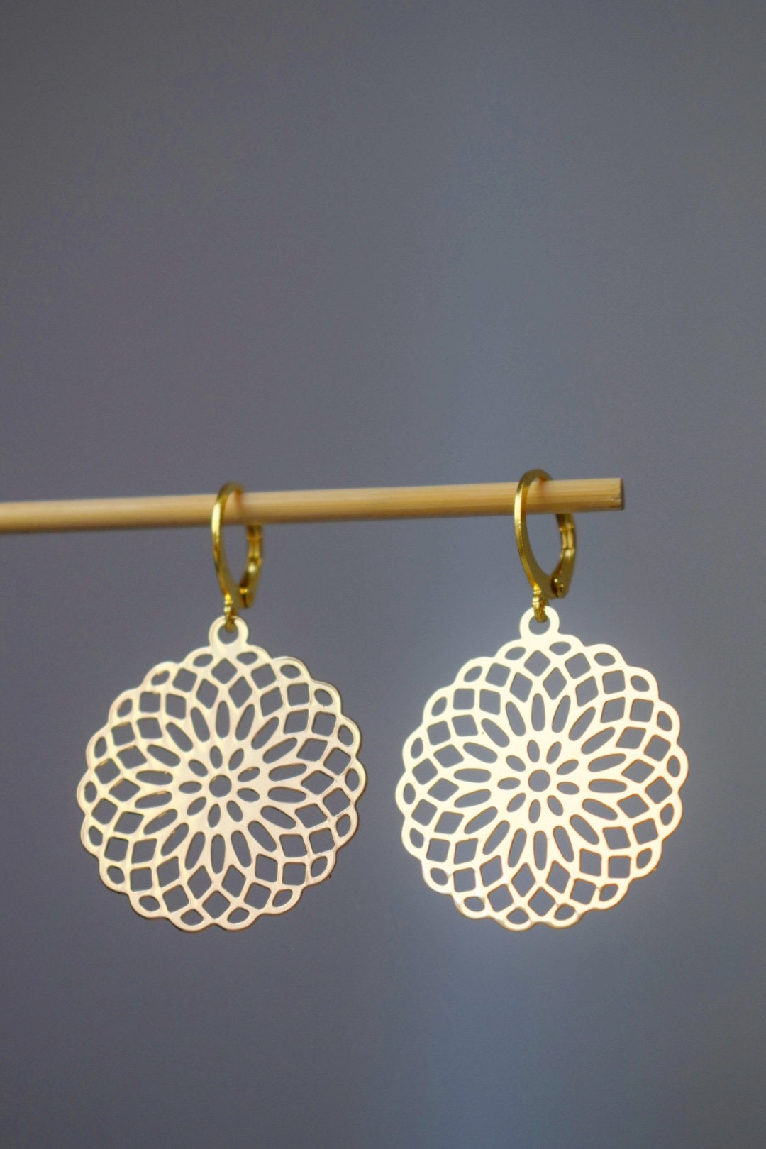 Mandala earrings, Ornament earrings for women, Stainless steel huggie earrings, Boho filigree gold earrings, Mandala jewelry, Gift for her