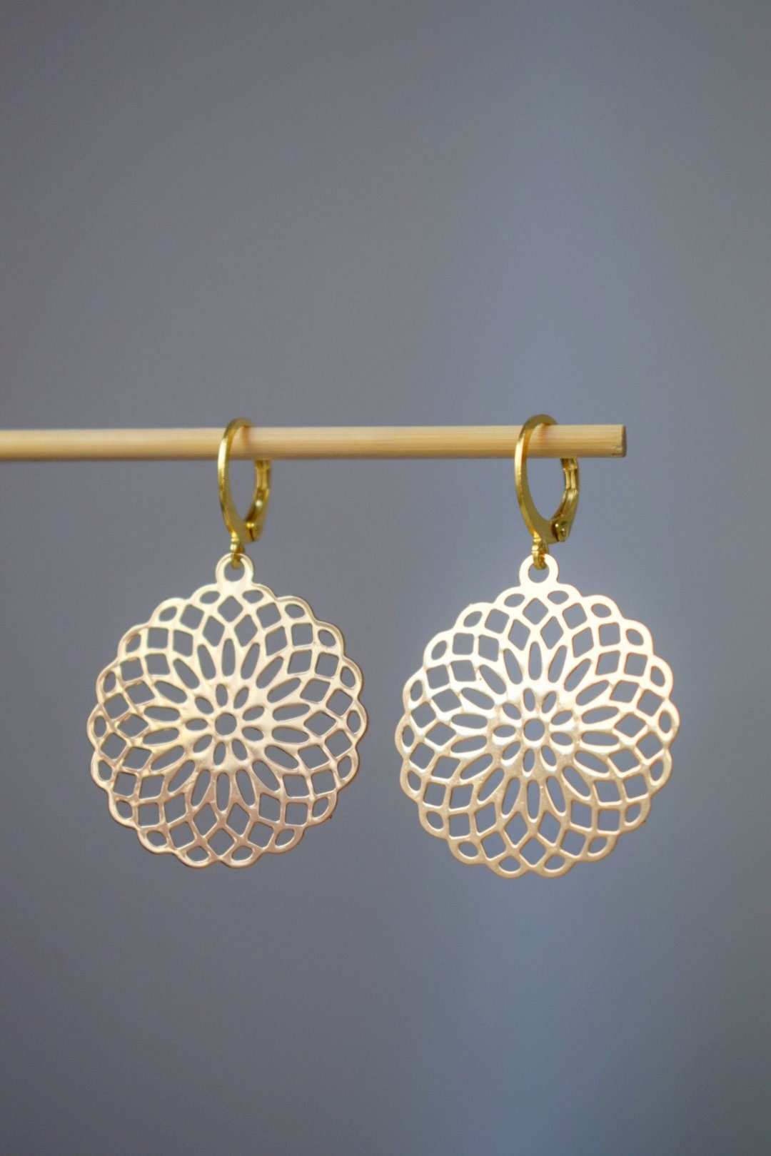 Mandala earrings, Ornament earrings for women, Stainless steel huggie earrings, Boho filigree gold earrings, Mandala jewelry, Gift for her