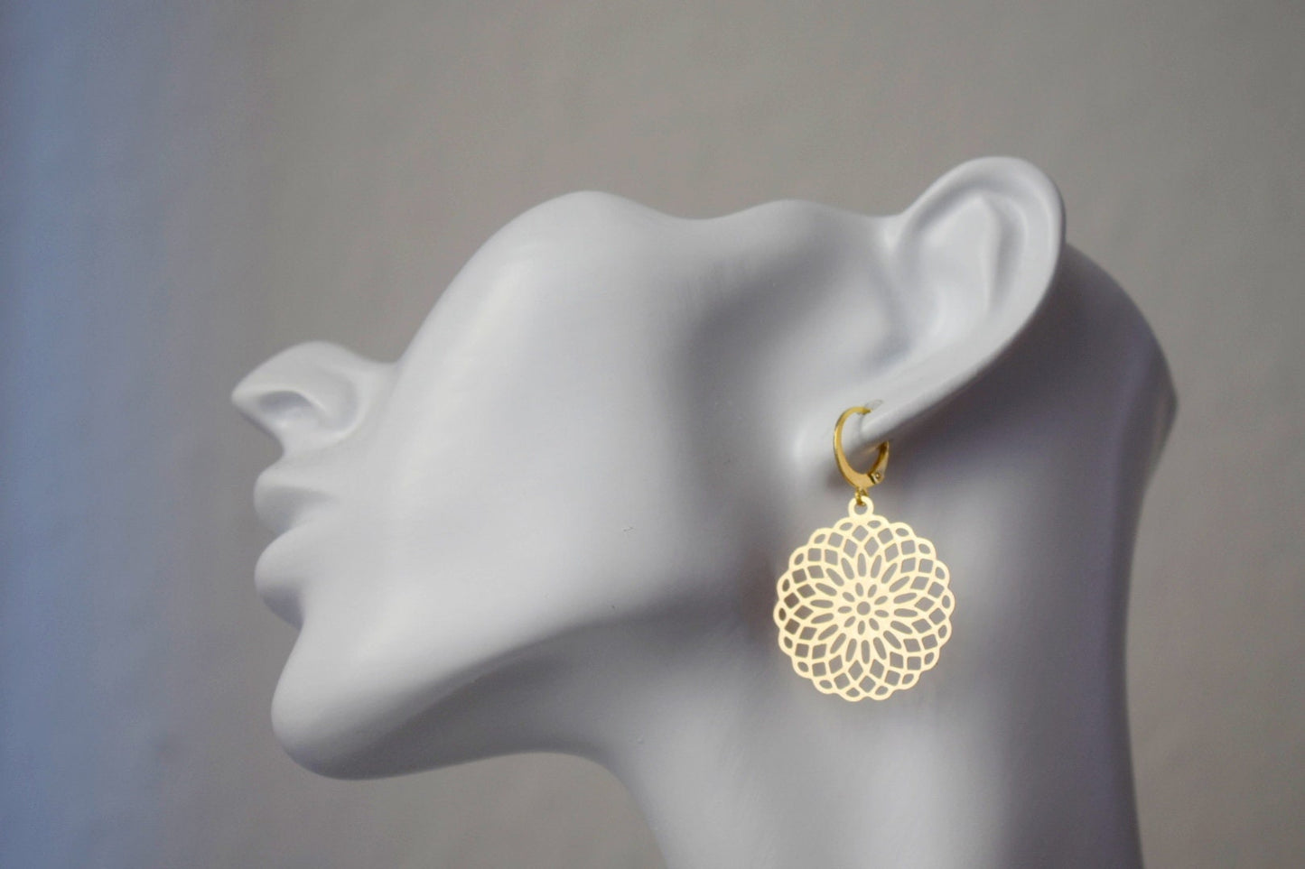 Mandala earrings, Ornament earrings for women, Stainless steel huggie earrings, Boho filigree gold earrings, Mandala jewelry, Gift for her