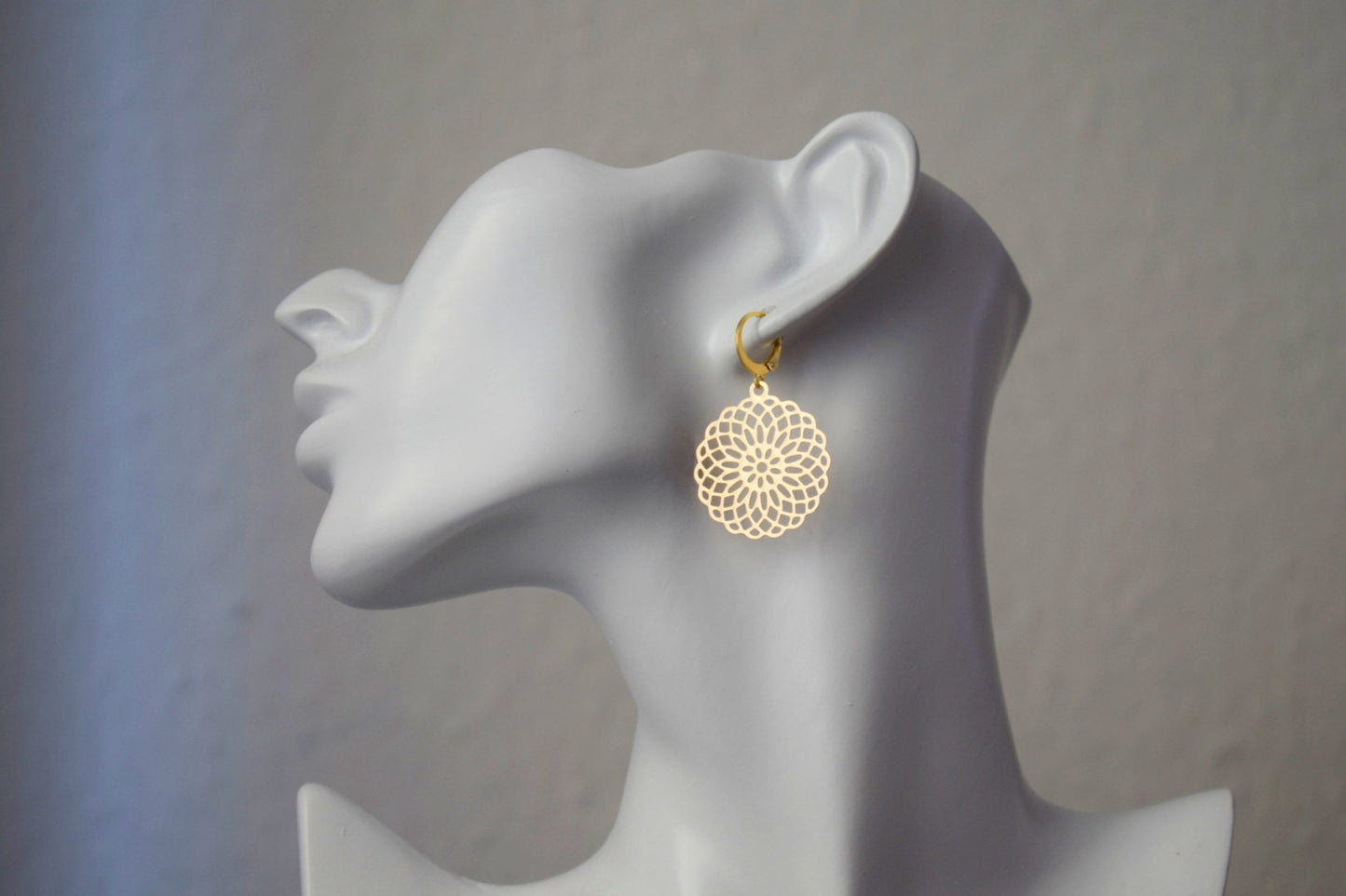 Mandala earrings, Ornament earrings for women, Stainless steel huggie earrings, Boho filigree gold earrings, Mandala jewelry, Gift for her