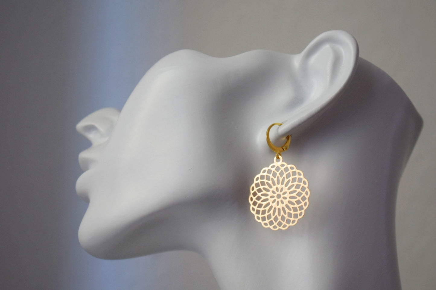 Mandala earrings, Ornament earrings for women, Stainless steel huggie earrings, Boho filigree gold earrings, Mandala jewelry, Gift for her