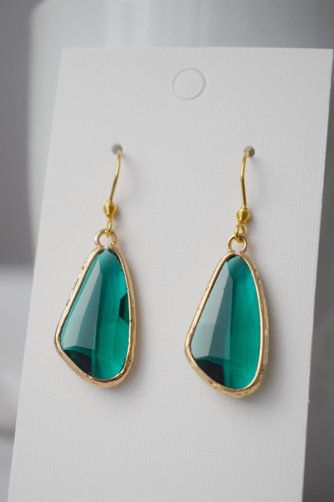 Green glass dangle earrings, Large teardrop earrings, Faceted earrings, Long teardrop earrings, Boho hanging earrings, Glass gold jewelry