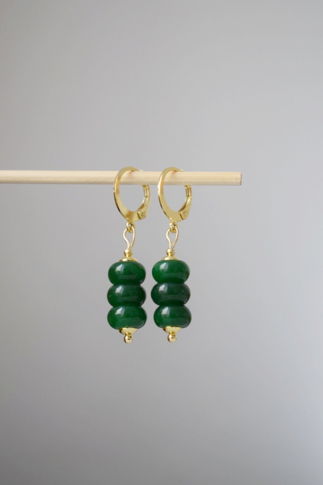 Green jade earrings gold for women, Gemstone huggie earrings, Dainty small jade drop earrings, Green stone earrings, Handmade jade jewelry