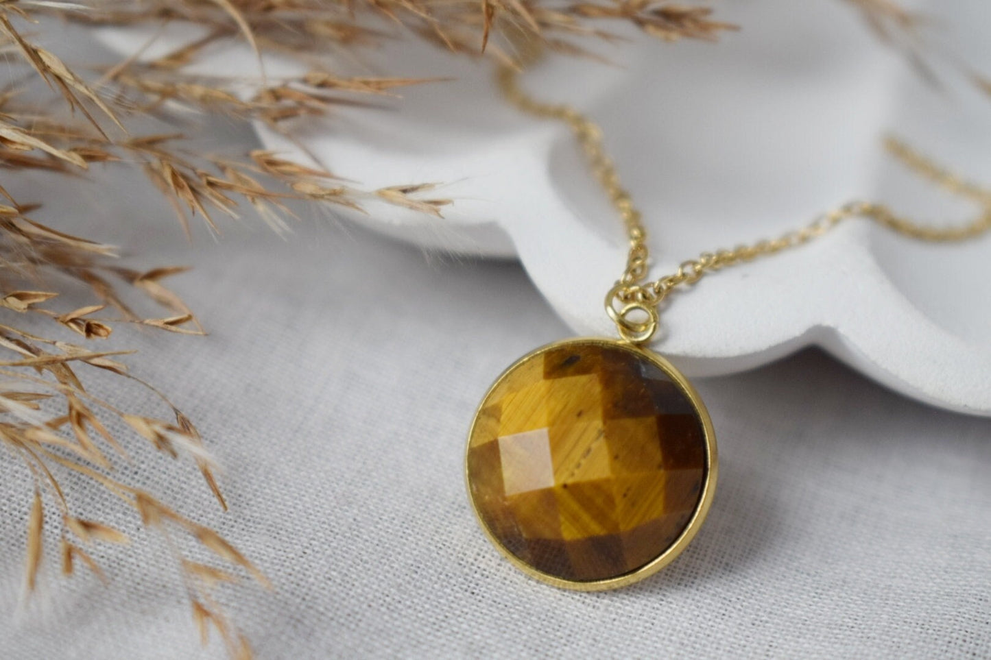 Tiger eye necklace for women, Faceted gemstone necklace, Tigers eye jewelry, Round stone necklace, Gold plated stainless steel, Gift for her