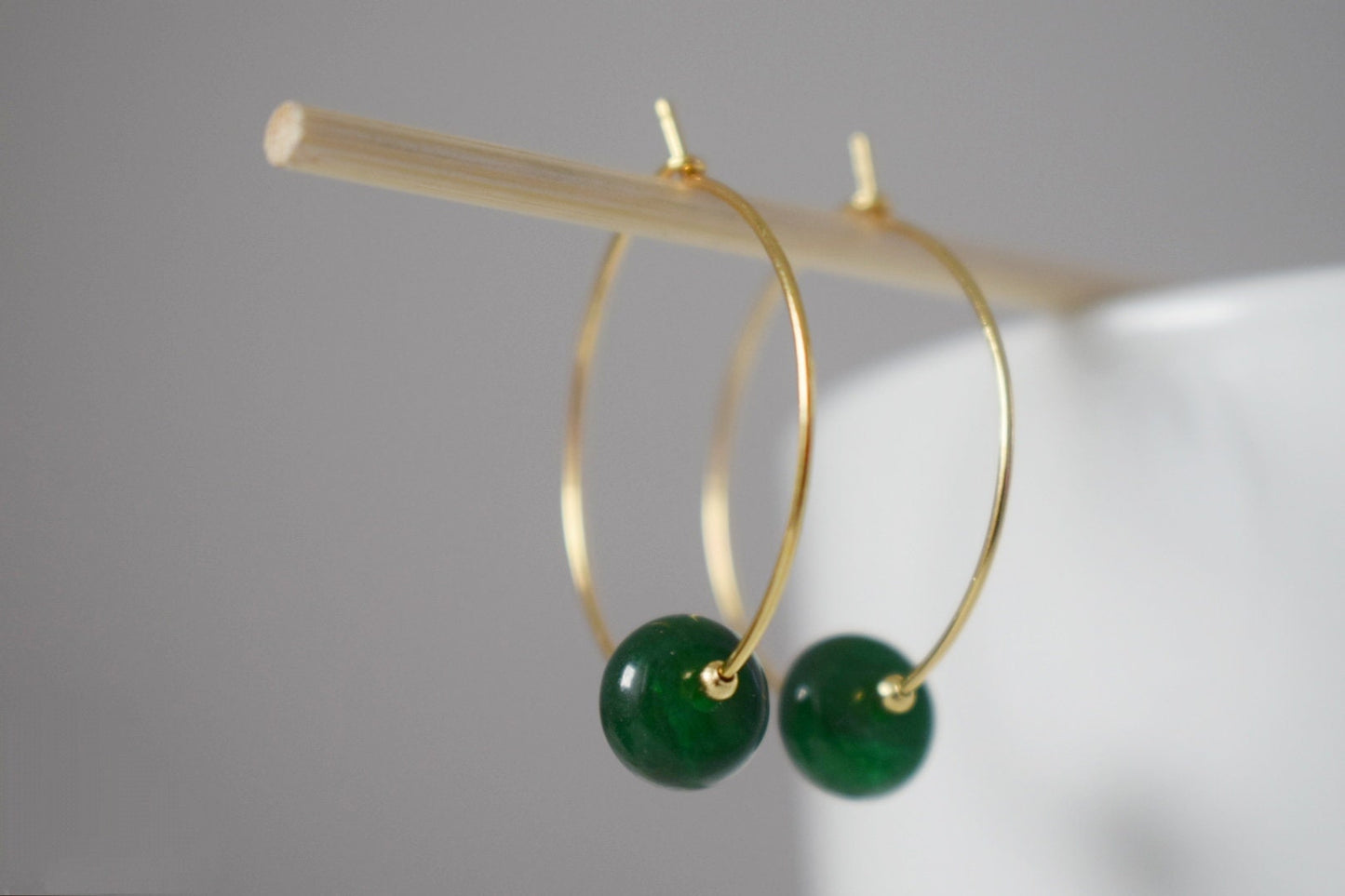 Dark green jade hoop earrings, Gemstone Creole, 18k gold plated stainless steel, Emerald green, Minimalist, Boho handmade jewelry gift