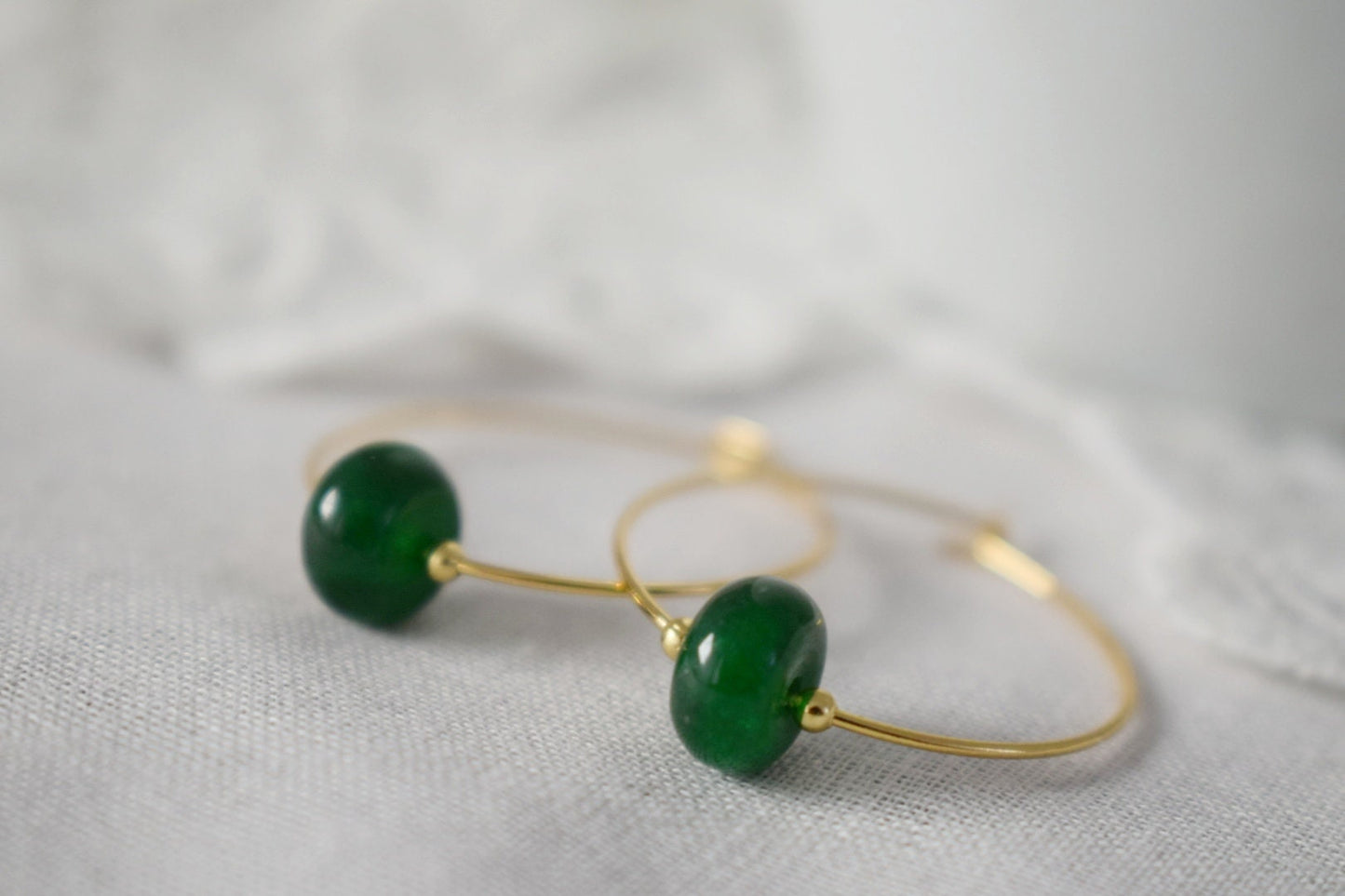 Dark green jade hoop earrings, Gemstone Creole, 18k gold plated stainless steel, Emerald green, Minimalist, Boho handmade jewelry gift