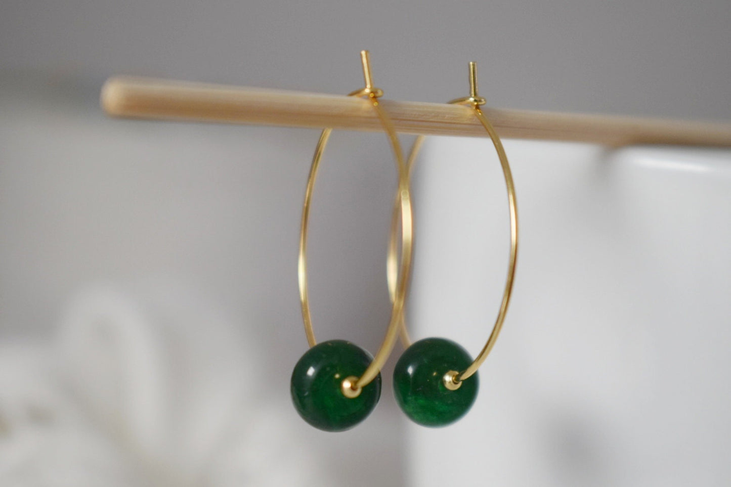 Dark green jade hoop earrings, Gemstone Creole, 18k gold plated stainless steel, Emerald green, Minimalist, Boho handmade jewelry gift
