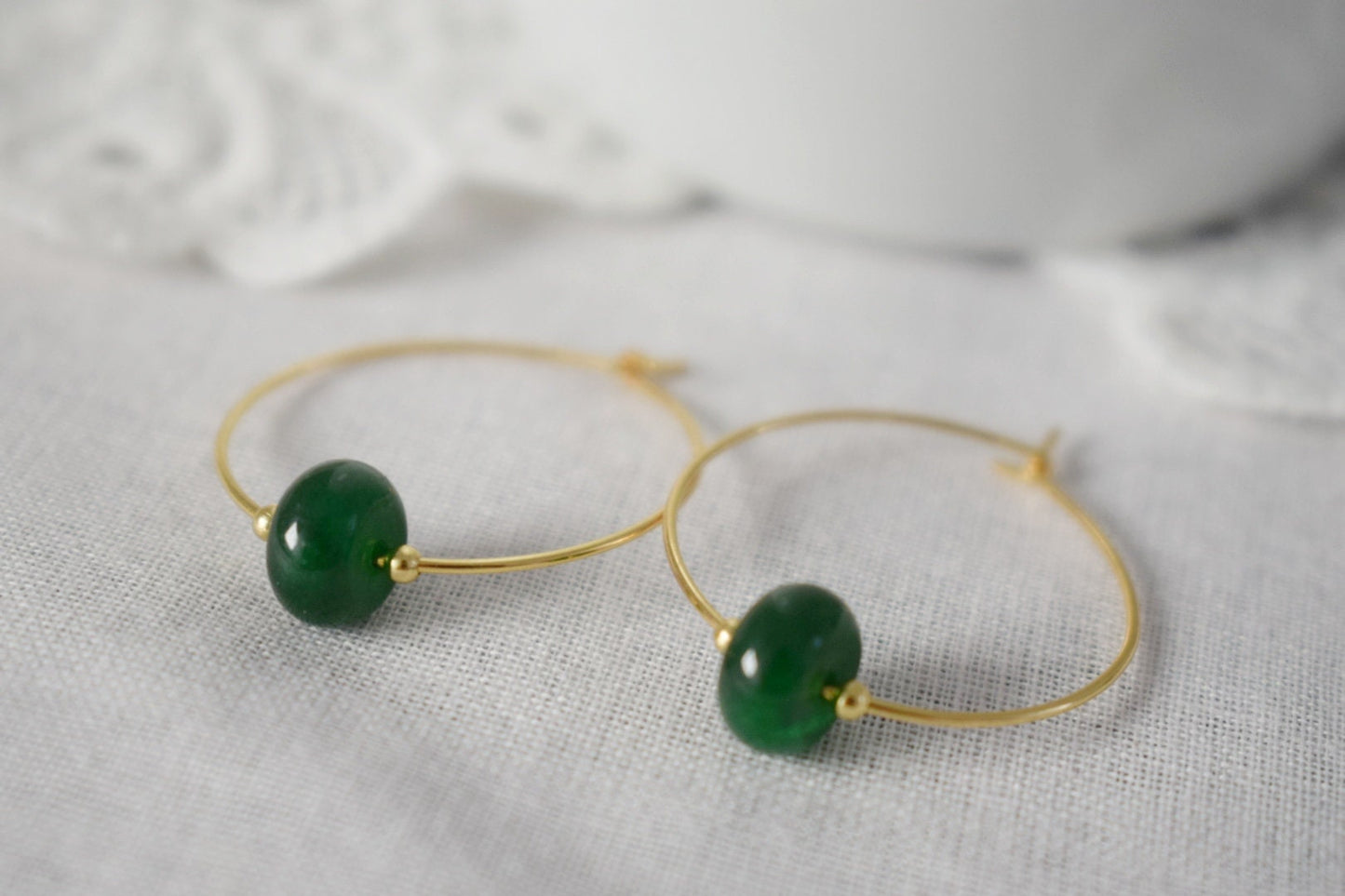 Dark green jade hoop earrings, Gemstone Creole, 18k gold plated stainless steel, Emerald green, Minimalist, Boho handmade jewelry gift