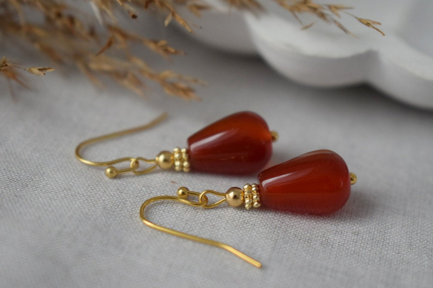 Carnelian teardrop earrings gold, Natural Carnelian dangle earrings, Red gemstone drop earrings, Carnelian jewelry for women, Gift for her