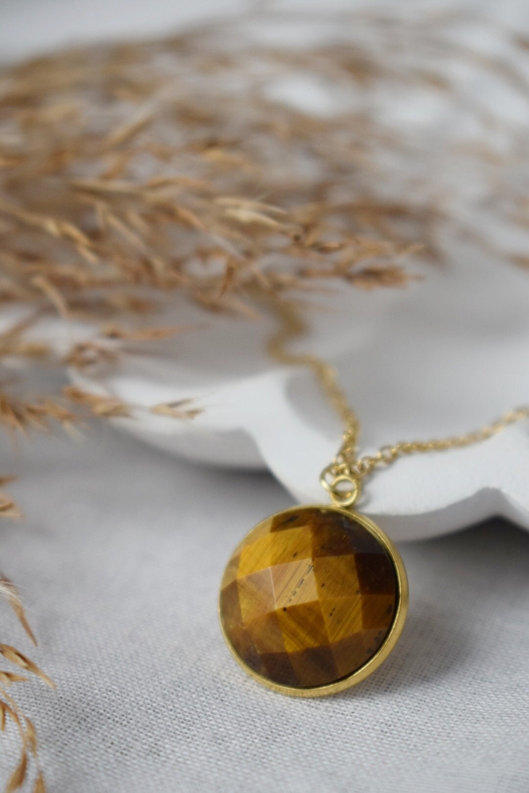 Tiger eye necklace for women, Faceted gemstone necklace, Tigers eye jewelry, Round stone necklace, Gold plated stainless steel, Gift for her