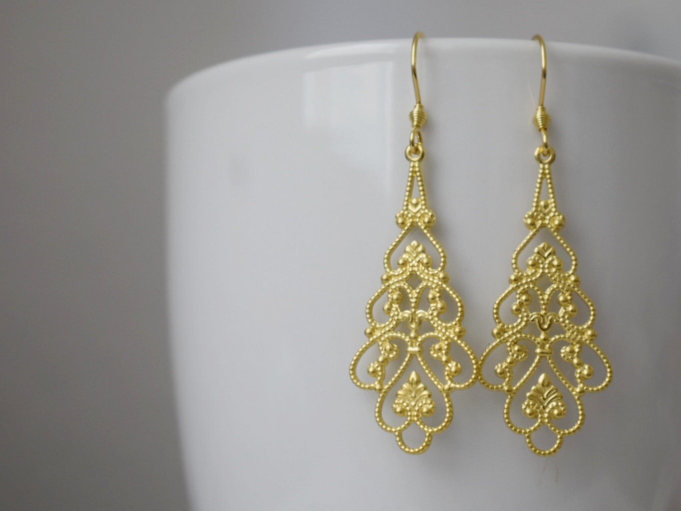Ornament earrings gold, Long filigree & floral earrings, Vintage, Boho, Stainless steel, Teardrop earrings, Unique, Handmade jewelry gift