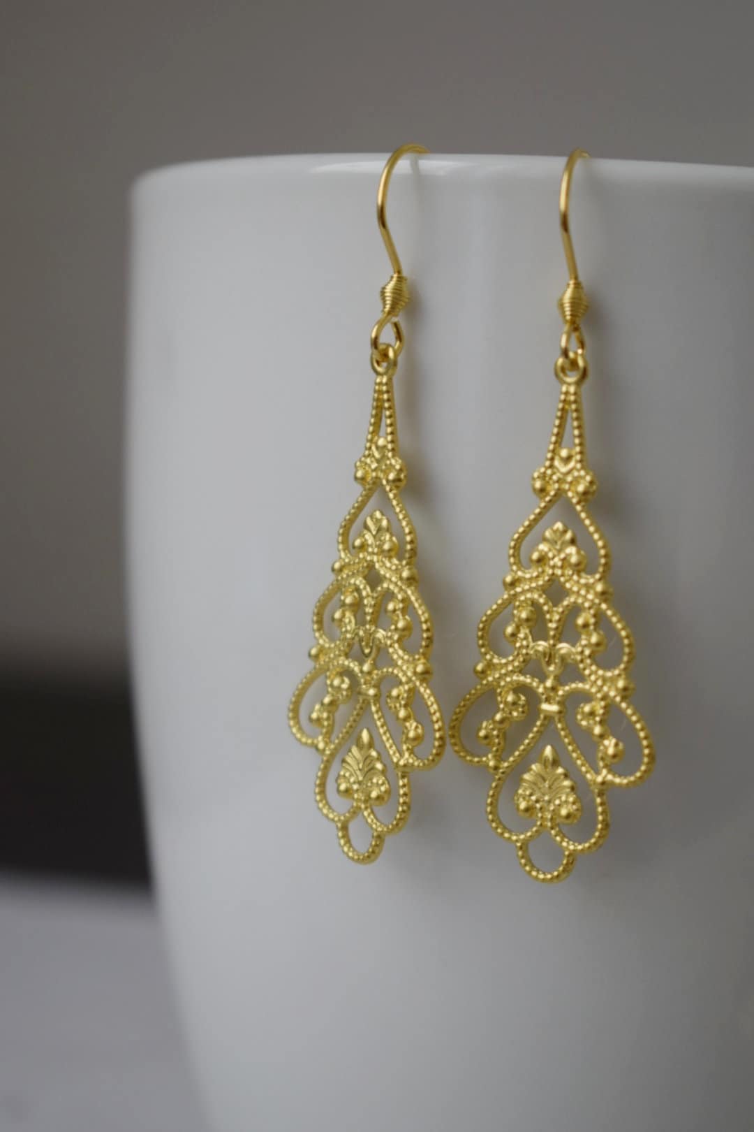 Ornament earrings gold, Long filigree & floral earrings, Vintage, Boho, Stainless steel, Teardrop earrings, Unique, Handmade jewelry gift