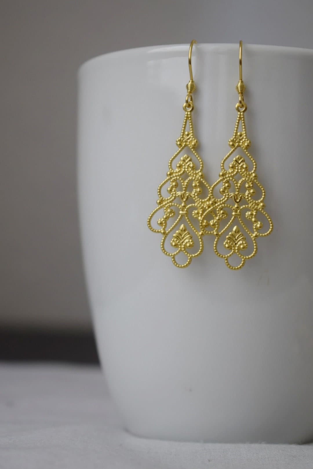 Ornament earrings gold, Long filigree & floral earrings, Vintage, Boho, Stainless steel, Teardrop earrings, Unique, Handmade jewelry gift