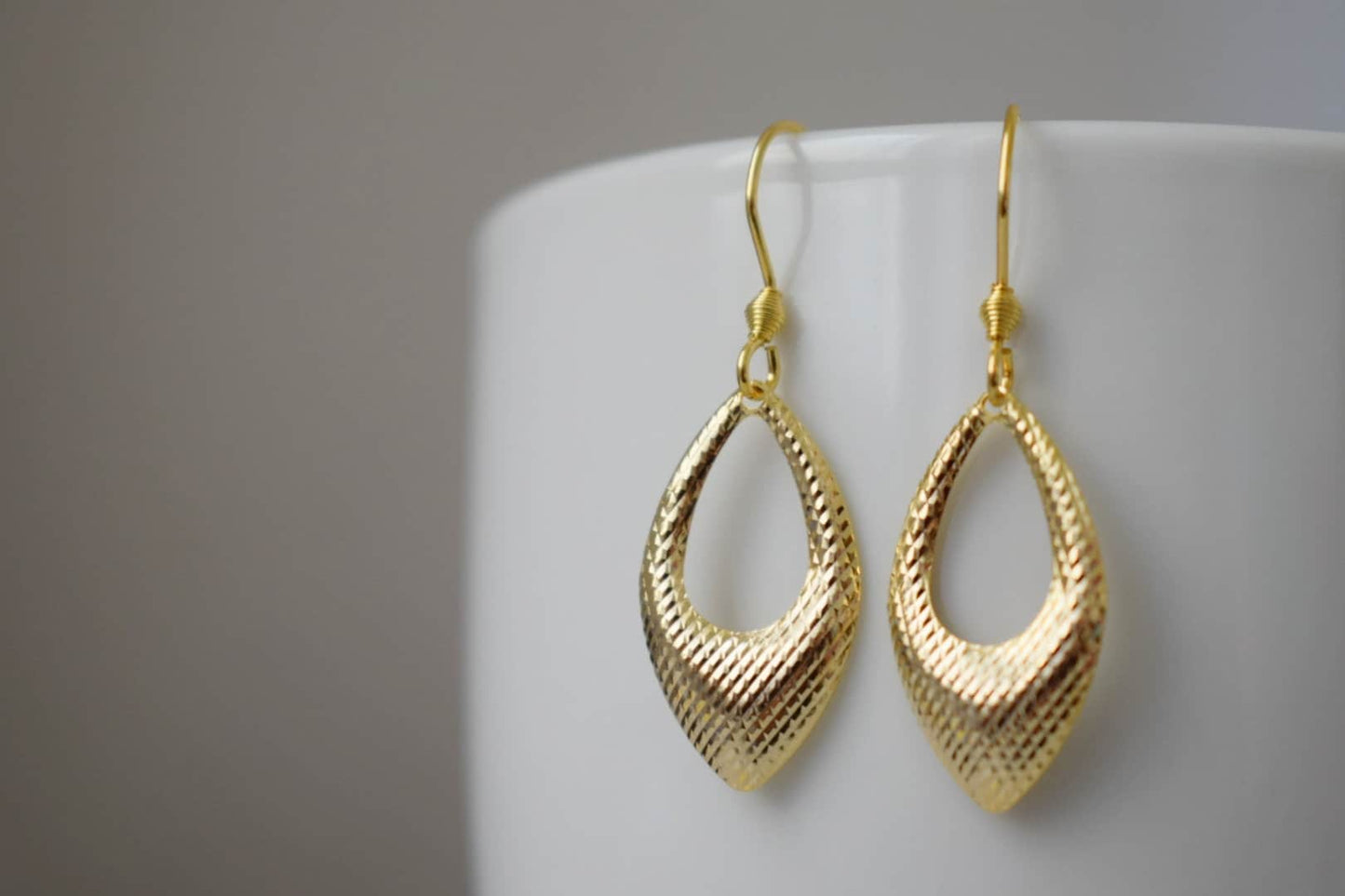 Gold pendant teardrop earrings, Minimalist, Geometric hanging dangle and drop gold earrings, Birthday small jewelry gifts for women mom wife