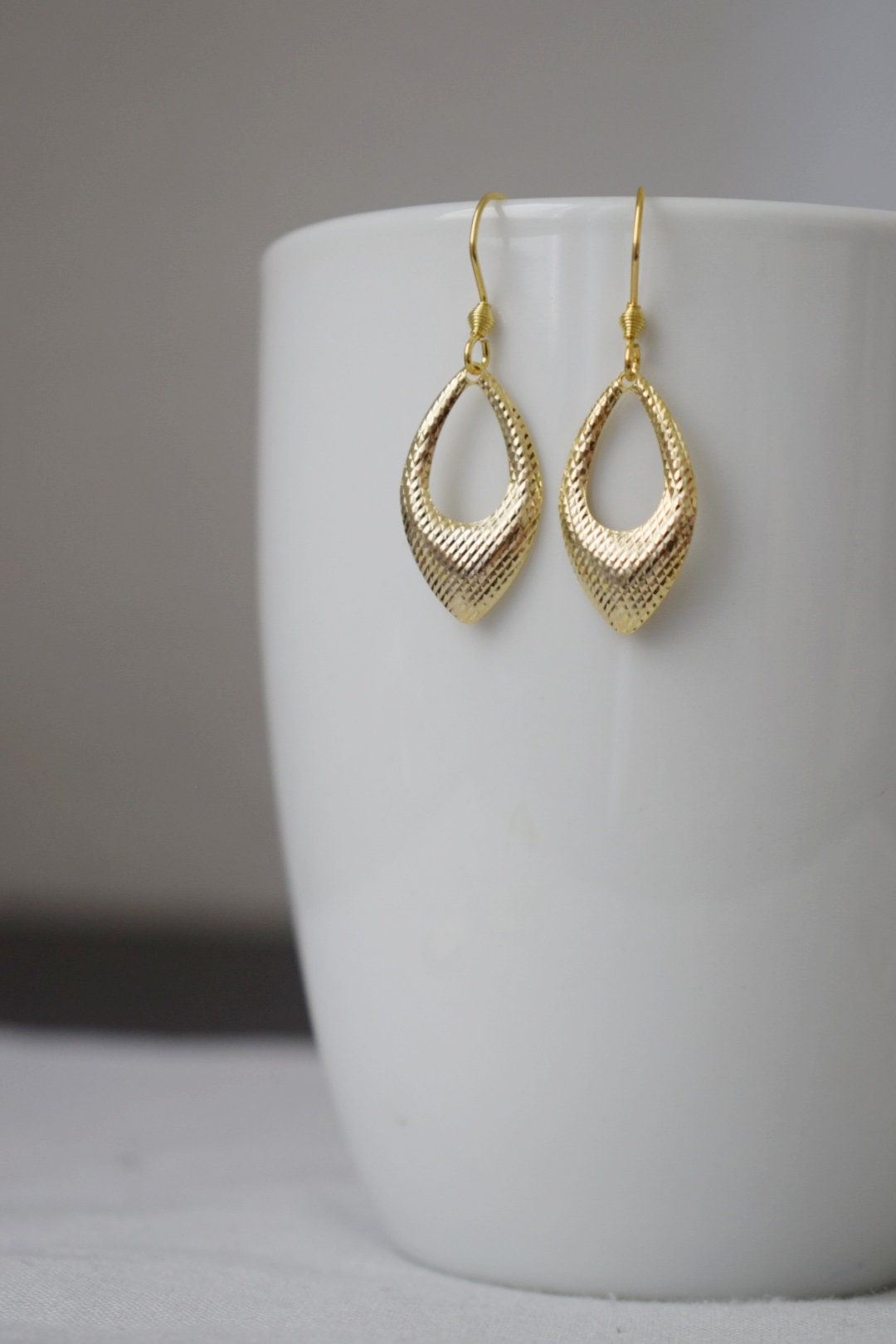 Golden pendant teardrop earrings, Hop earrings, Geometric hanging dangle and drop gold earrings, Birthday small jewelry gifts for women
