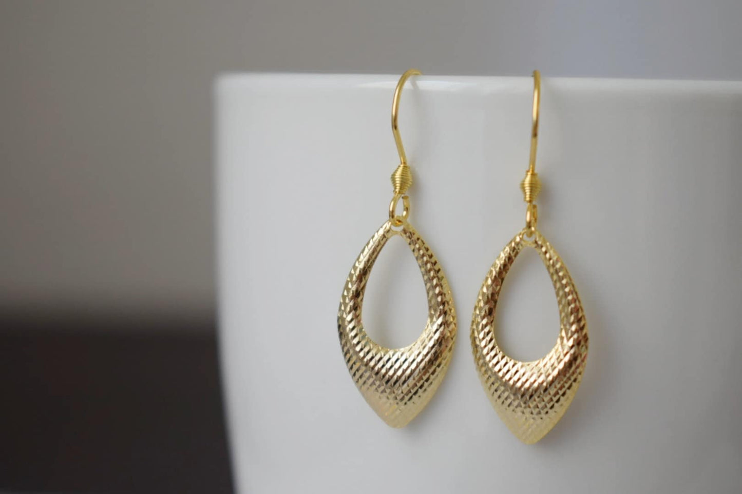 Gold pendant teardrop earrings, Minimalist, Geometric hanging dangle and drop gold earrings, Birthday small jewelry gifts for women mom wife