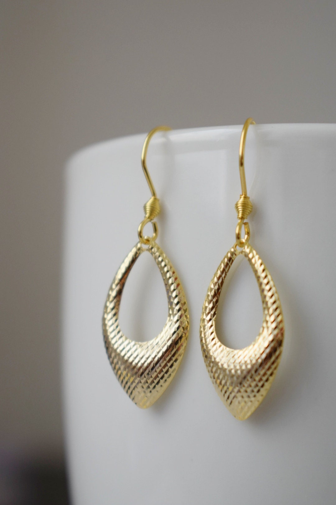 Golden pendant teardrop earrings, Hop earrings, Geometric hanging dangle and drop gold earrings, Birthday small jewelry gifts for women