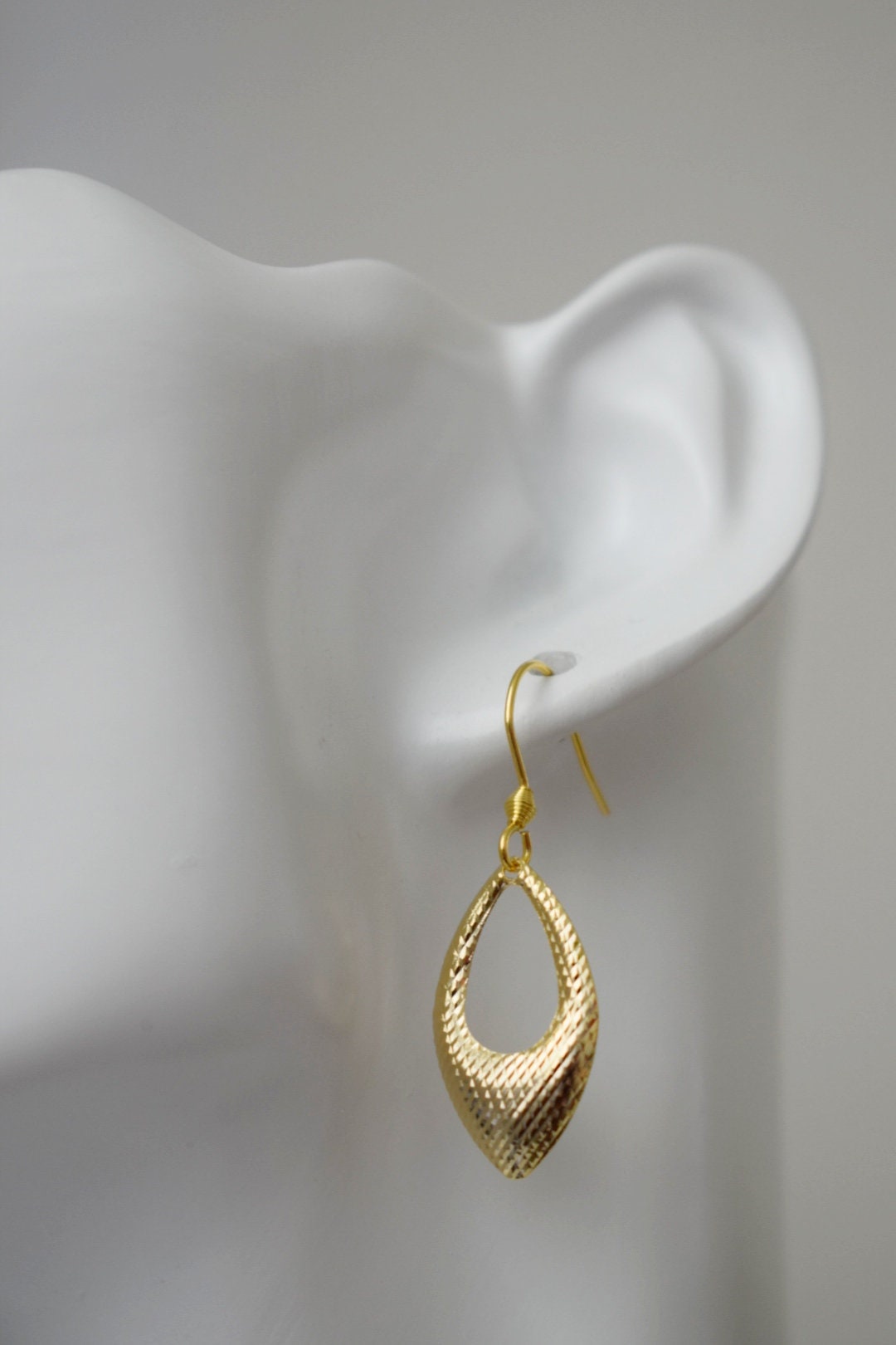 Golden pendant teardrop earrings, Hop earrings, Geometric hanging dangle and drop gold earrings, Birthday small jewelry gifts for women