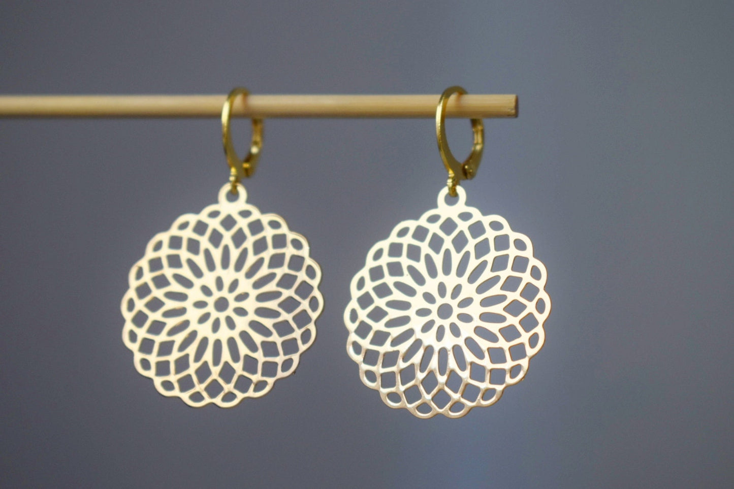 Mandala earrings, Ornament earrings for women, Stainless steel huggie earrings, Boho filigree gold earrings, Mandala jewelry, Gift for her