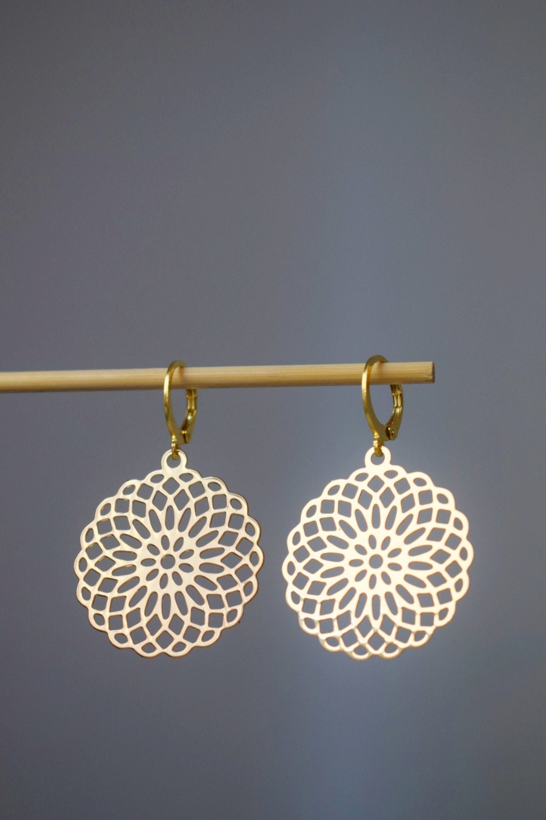 Mandala earrings, Ornament earrings for women, Stainless steel huggie earrings, Boho filigree gold earrings, Mandala jewelry, Gift for her