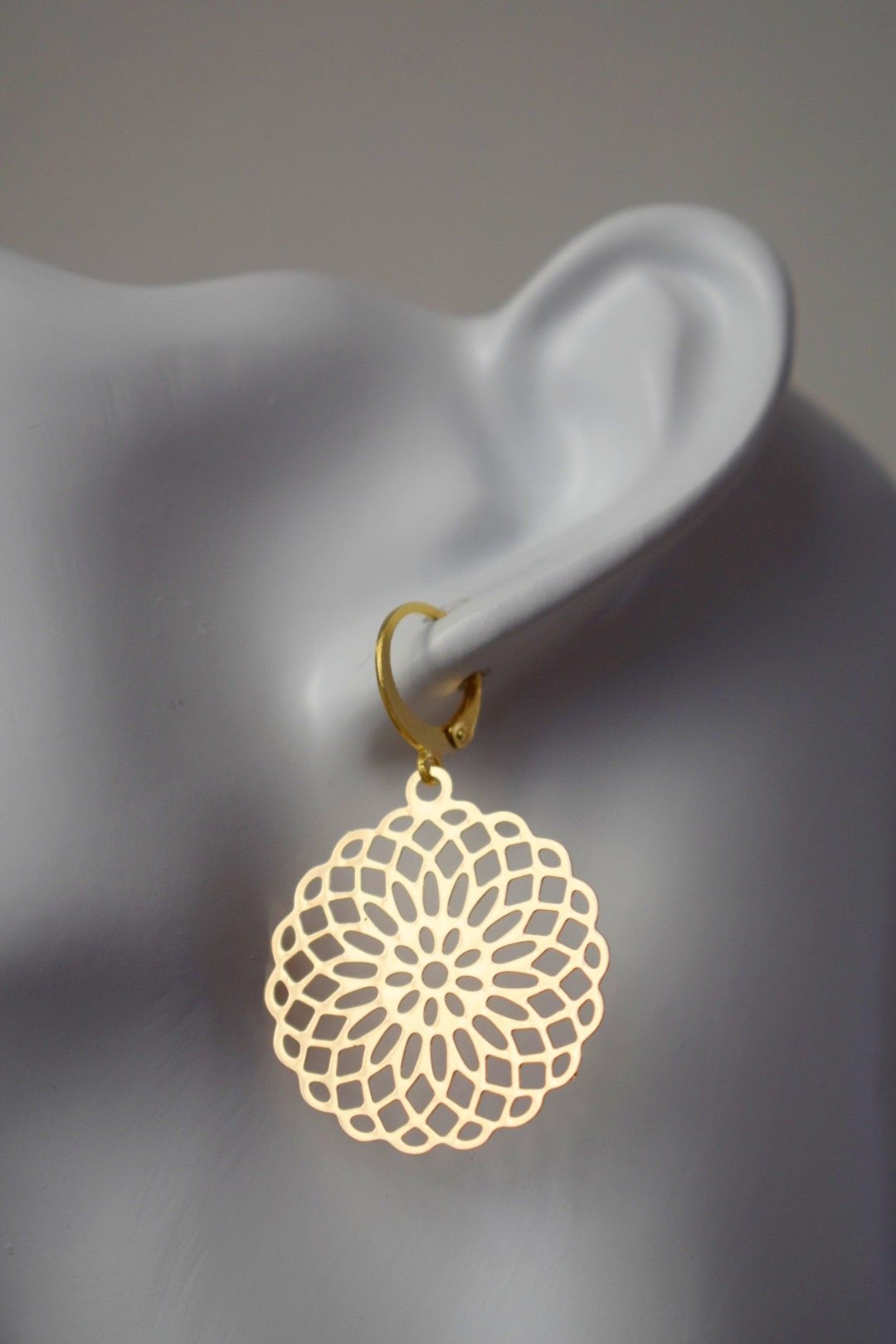 Mandala earrings, Ornament earrings for women, Stainless steel huggie earrings, Boho filigree gold earrings, Mandala jewelry, Gift for her