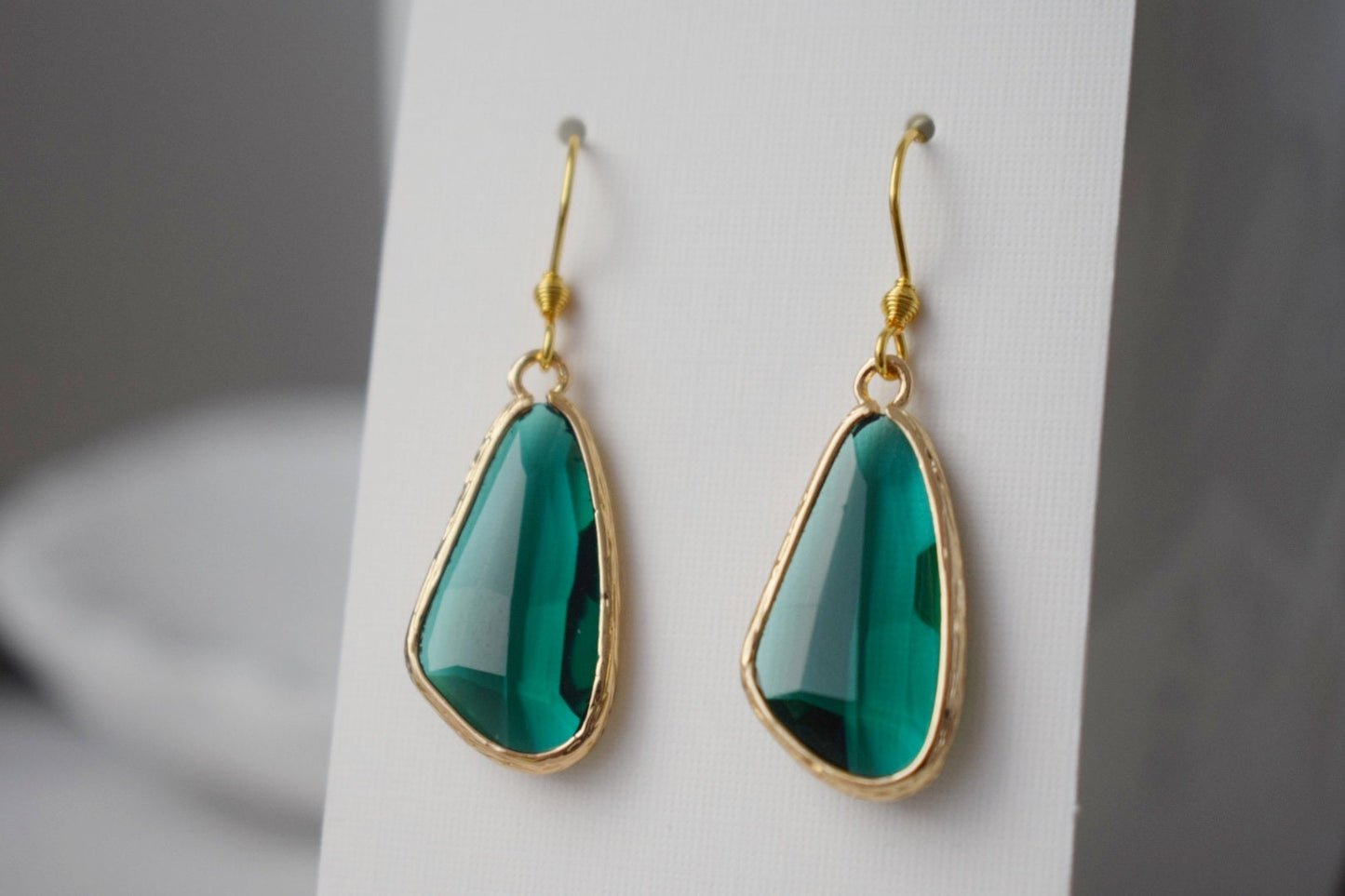 Green glass dangle earrings, Large teardrop earrings, Faceted earrings, Long teardrop earrings, Boho hanging earrings, Glass gold jewelry