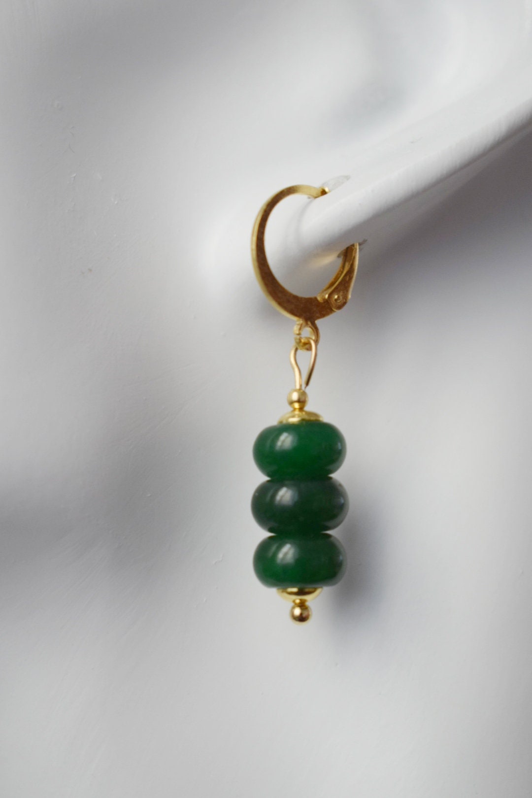 Green jade earrings gold for women, Gemstone huggie earrings, Dainty small jade drop earrings, Green stone earrings, Handmade jade jewelry