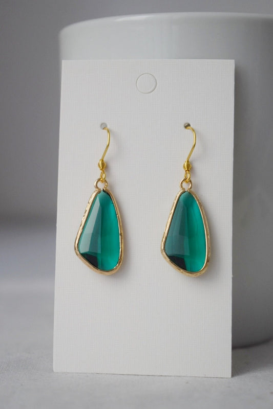 Green glass dangle earrings, Large teardrop earrings, Faceted earrings, Long teardrop earrings, Boho hanging earrings, Glass gold jewelry